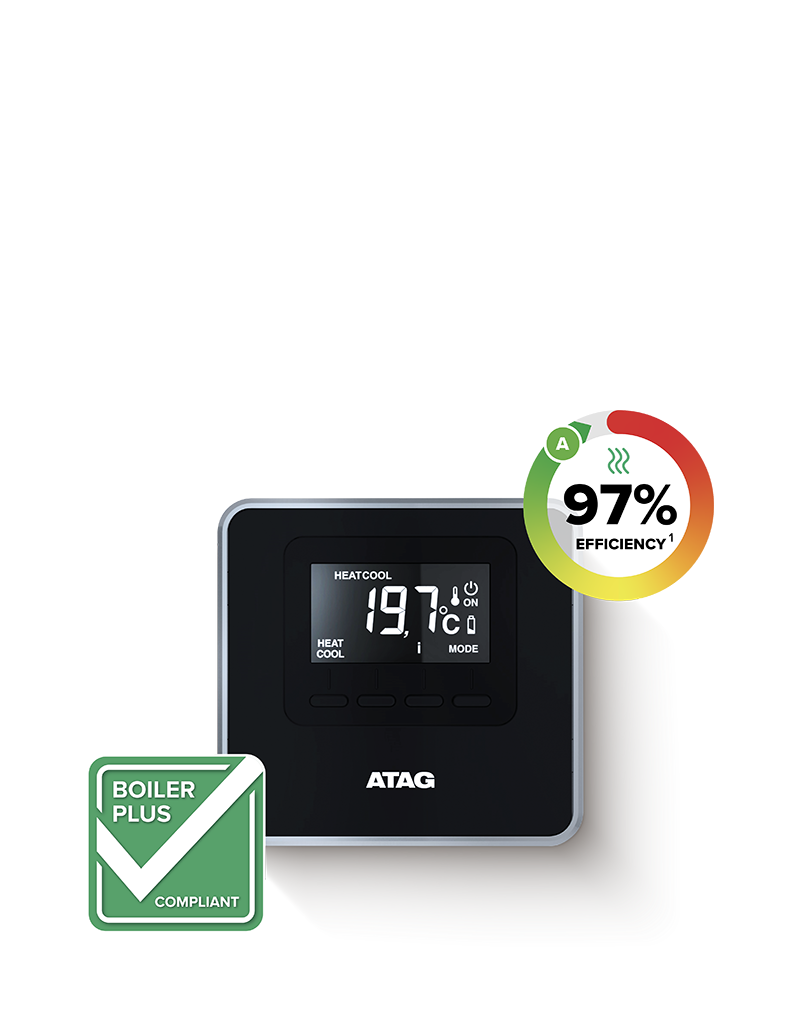 Image of an ATAG Cube with a '97% efficiency' and 'Boiler Plus Complient' icon