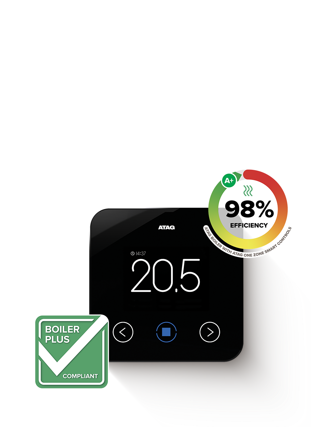 Image of an ATAG ONE Zone with a '98% efficiency' and 'Boiler Plus Complient' icon