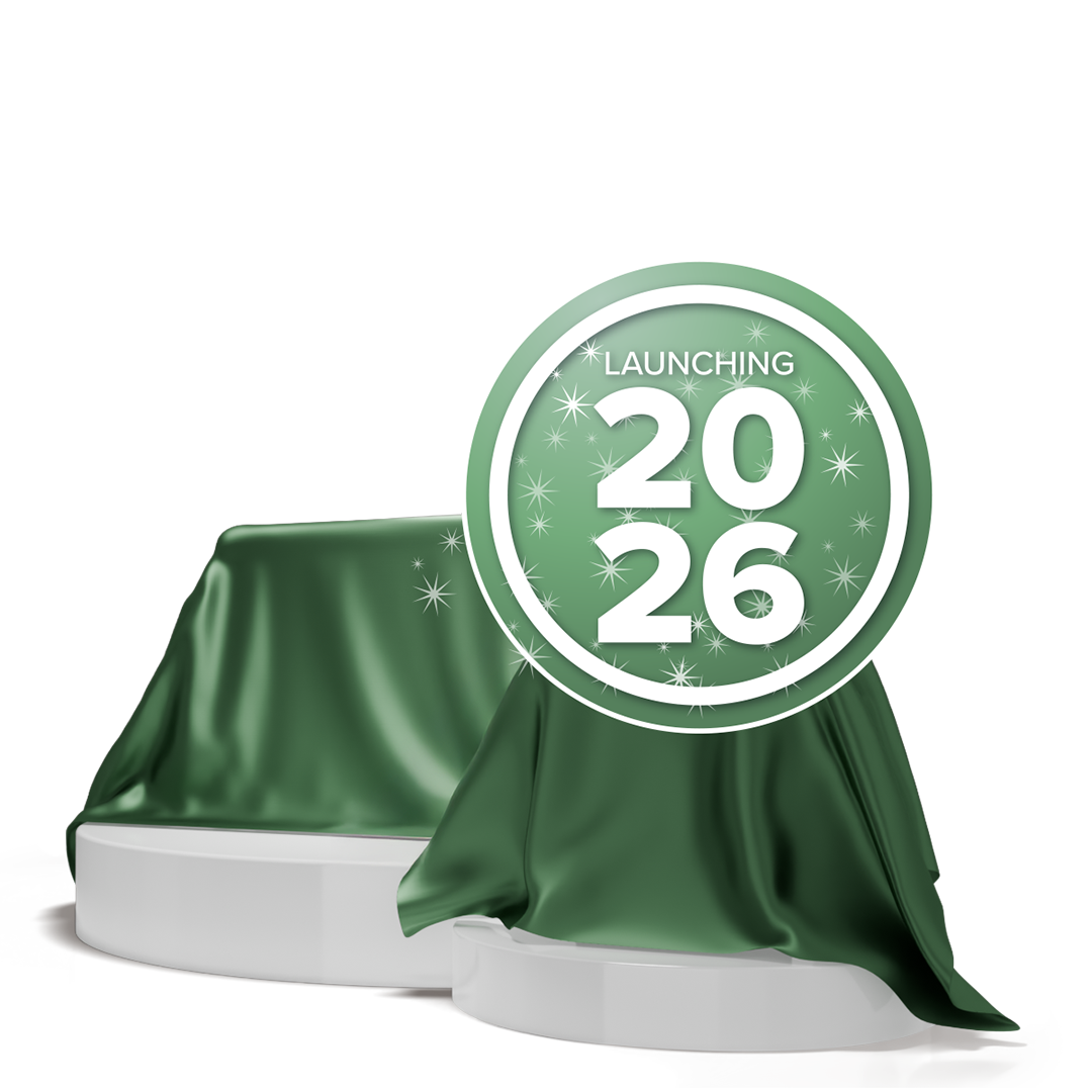 Image of products under a green cloth and a sticker saying 'Launching 2026'