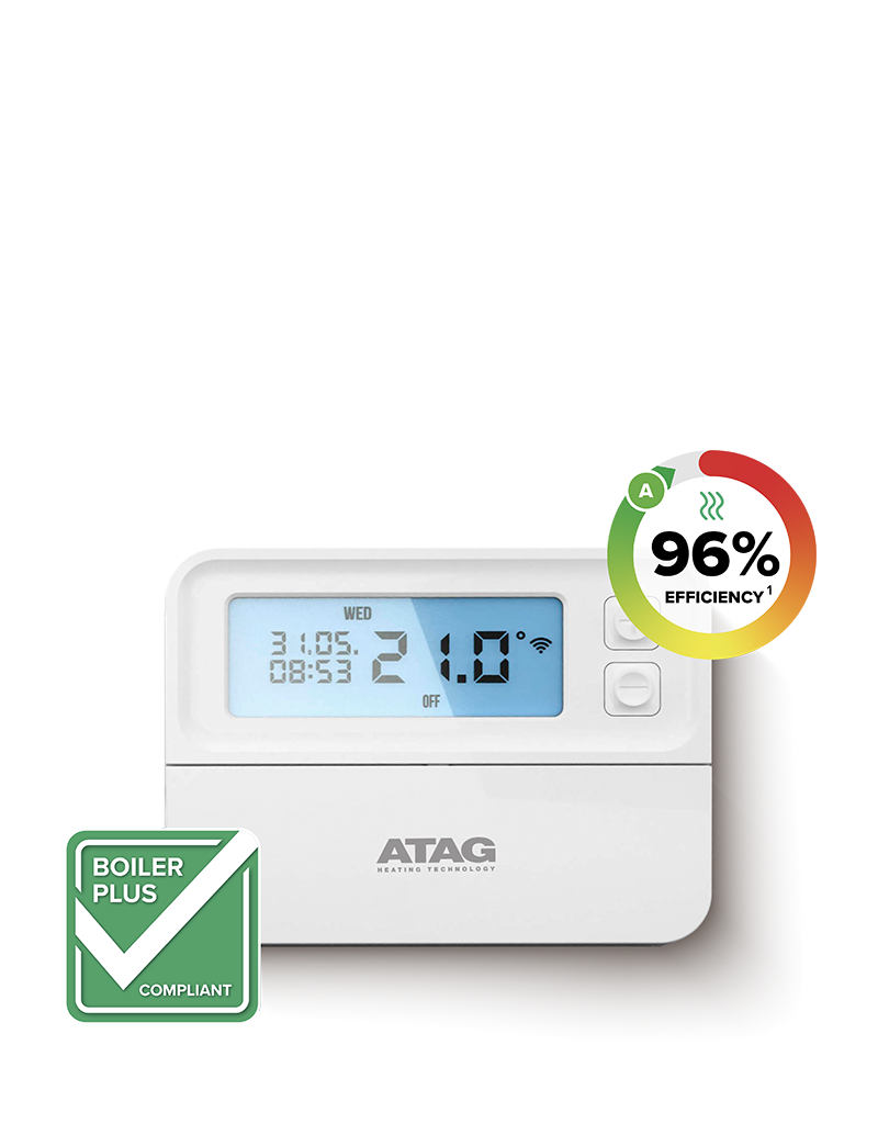 Image of an ATAG Roomstat with a '96% efficiency' and 'Boiler Plus Compliant' icon