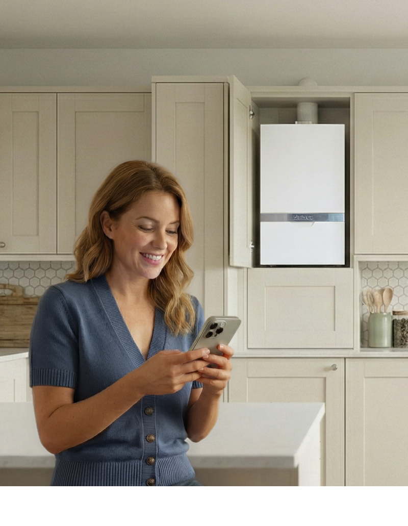 Image of a woman looking at her mobile phone and smiling
