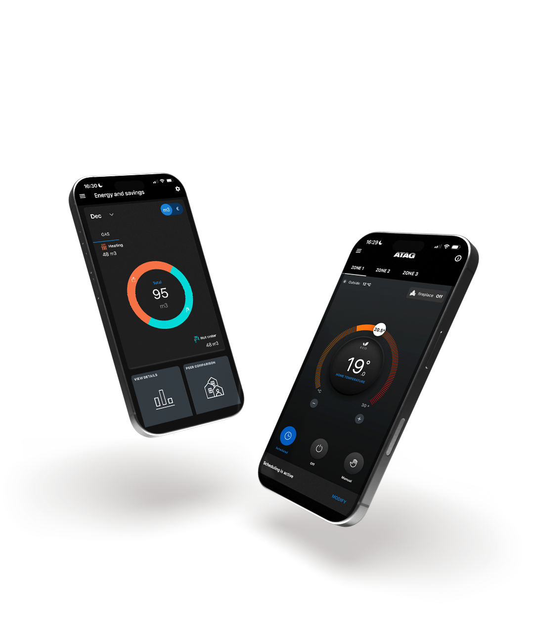 Image of two mobile phones showing the ATAG Zone app